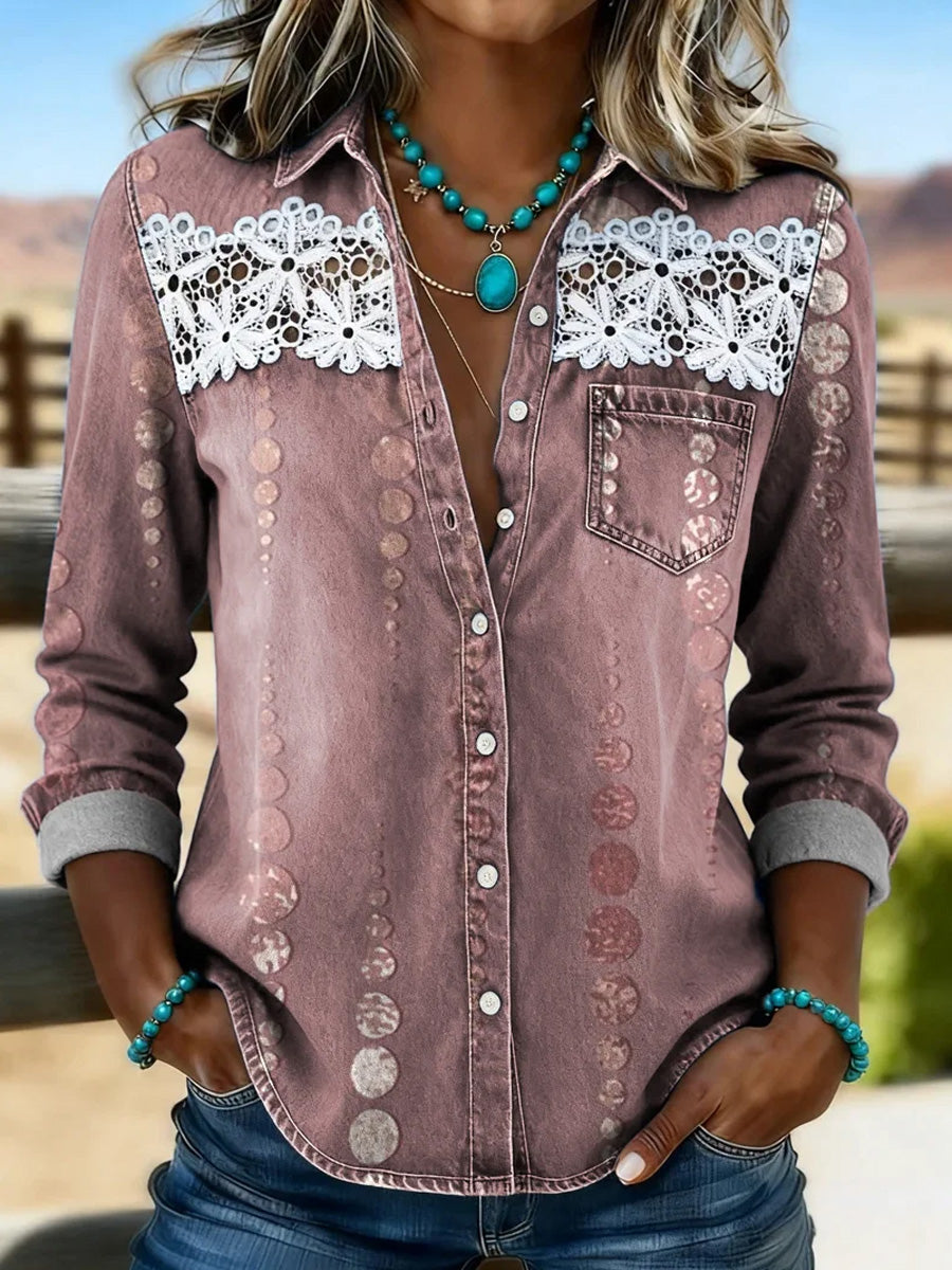 Women's Retro Casual Style Print Vintage Long Sleeves Shirt